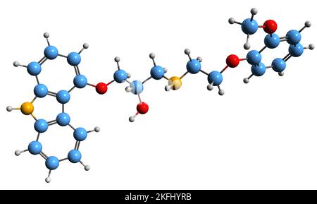 3D immagine di Carvedilol formula scheletrica - struttura chimica molecolare di beta-bloccanti non selettivi isolati su sfondo bianco Foto Stock