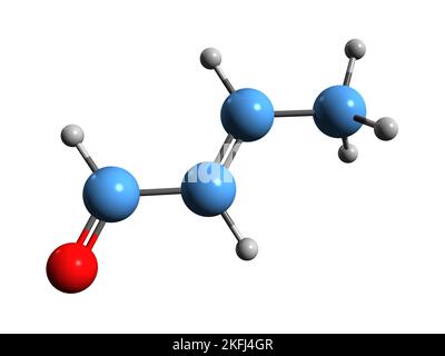 3D immagine della formula scheletrica della crotonaldeide - struttura chimica molecolare dell'aldeide propilenica isolata su sfondo bianco Foto Stock