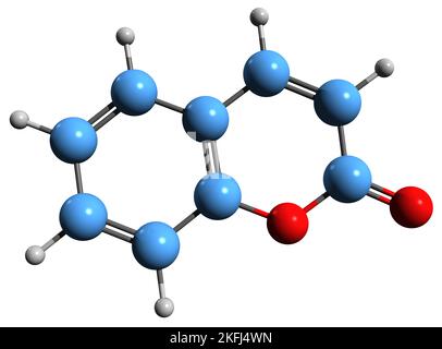 3D immagine della formula scheletrica della cumarina - struttura chimica molecolare del 2H-cromen-2-one isolato su sfondo bianco Foto Stock