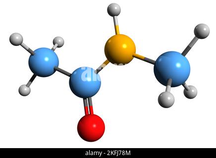 3D immagine della formula scheletrica della N-metilacetammide - struttura chimica molecolare dell'ammide dell'acido monocarbossilico isolata su sfondo bianco Foto Stock