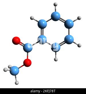 3D immagine della formula scheletrica del benzoato di metile - struttura chimica molecolare del benzencarbossilato di metile isolato su sfondo bianco Foto Stock