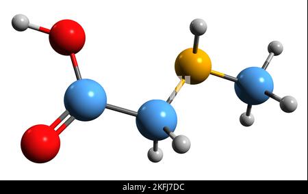 3D immagine di Sarcosina formula scheletrica - struttura chimica molecolare di metilglicina isolata su sfondo bianco Foto Stock