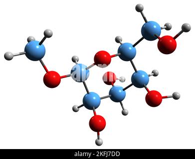 3D immagine di metilglucopiranoside formula scheletrica - struttura chimica molecolare del monosaccaride 1-o-metil-D-glucopiranosio isolato su bac bianco Foto Stock