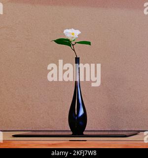 Tradizionale disposizione ikebana di un fiore bianco in un vaso di porcellana nera presso la casa del tè nel Parco Gyoen di Shinjuku a Tokyo Foto Stock
