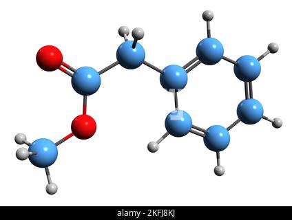 3D immagine di metilfenilacetato formula scheletrica - struttura chimica molecolare di metilbenzene acetato isolato su sfondo bianco Foto Stock