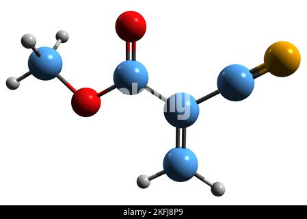 3D immagine di formula scheletrica di metilcianoacrilato - struttura chimica molecolare di 2-cianoprop-2-enoato di metile isolato su sfondo bianco Foto Stock