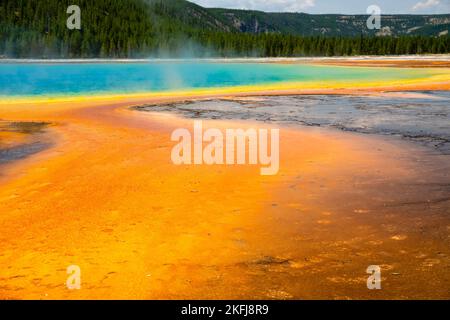 Una fotografia di Grand Prismatic Spring dal Midway Geyser Basin; Yellowstone National Park; Wyoming, USA. Foto Stock