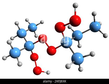 3D immagine del metiletilchetone perossido formula scheletrica - struttura chimica molecolare del perossido organico MEKP isolato su sfondo bianco Foto Stock