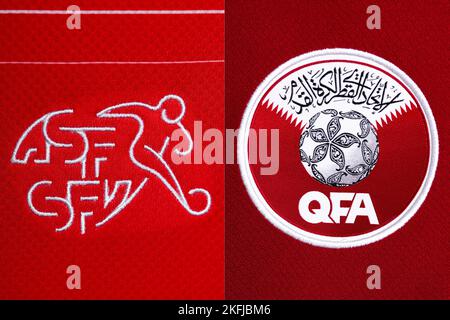 Primo piano della cresta della nazionale di calcio sulla divisa Home. Coppa del mondo FIFA Qatar 2022. Foto Stock