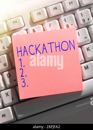 Didascalia di testo che presenta Hackathon. Parola per evento in cui un gran numero di persone si impegnano nella programmazione Foto Stock