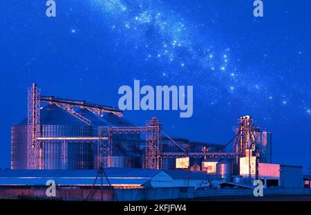 Elevatore della granella. Moderno complesso agro-industriale. Per deposito di grano ed asciugando. Un meraviglioso paesaggio industriale. Foto Stock