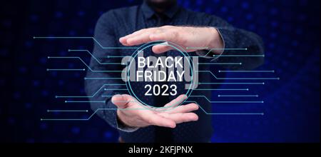 Didascalia di testo che presenta il Black Friday 2023. Giorno della vetrina aziendale dopo il giorno del Ringraziamento sconti giorno dello shopping Foto Stock