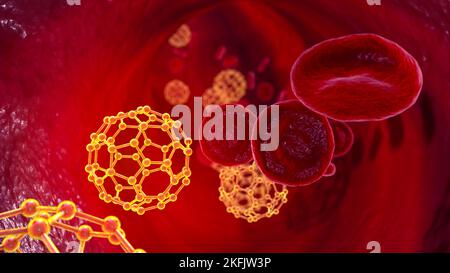 Nanoparticelle di fullerene nel sangue, illustrazione Foto Stock