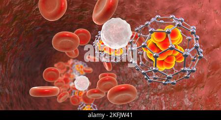 Nanoparticelle di fullerene nel sangue, illustrazione Foto Stock