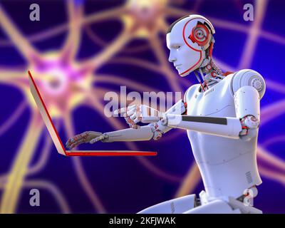 Robot umanoide che lavora con il computer portatile, illustrazione concettuale Foto Stock