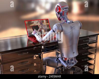 Robot umanoide che lavora con il computer portatile, illustrazione concettuale Foto Stock
