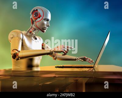 Robot umanoide che lavora con il computer portatile, illustrazione concettuale Foto Stock