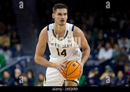 South Bend, Indiana, Stati Uniti. 18th Nov 2022. Notre Dame Forward Nate Laszewski (14) passa la palla durante la partita di pallacanestro NCAA tra i Lipscomb Bison e la Notre Dame Fighting Irish al Purcell Pavilion al Joyce Center a South Bend, Indiana. John Mersits/CSM/Alamy Live News Foto Stock