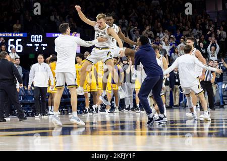 South Bend, Indiana, Stati Uniti. 18th Nov 2022. La guardia di Notre Dame Dane Goodwin (23) festeggia con i suoi compagni di squadra dopo l'azione di gioco di basket NCAA tra i Lipscomb Bison e l'irlandese combattente di Notre Dame al Purcell Pavilion al Joyce Center a South Bend, Indiana. John Mersits/CSM/Alamy Live News Foto Stock