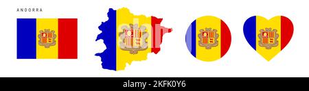 Icona bandiera Andorra impostata. Pennant andorrano in colori e proporzioni ufficiali. Rettangolare, a forma di mappa, circolare e a forma di cuore. Isolat. Illustrazione piatta Foto Stock