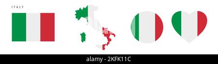 Icona bandiera Italia impostata. Pennant italiano in colori e proporzioni ufficiali. Rettangolare, a forma di mappa, circolare e a forma di cuore. Illustrazione piatta isolata Foto Stock