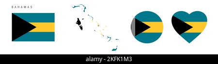 Icona della bandiera Bahamas impostata. Pennant delle Bahamas in colori e proporzioni ufficiali. Rettangolare, a forma di mappa, circolare e a forma di cuore. Isolat. Illustrazione piatta Foto Stock