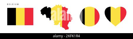 Icona della bandiera del Belgio impostata. Pennant belga in colori e proporzioni ufficiali. Rettangolare, a forma di mappa, circolare e a forma di cuore. Illustrazione piatta isolato Foto Stock