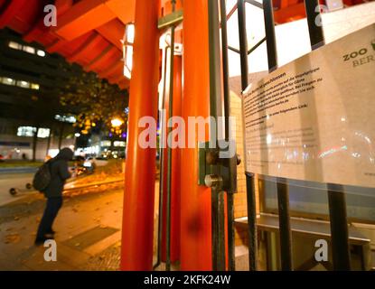 Berlino, Germania. 18th Nov 2022. Una persona passa davanti allo Zoo di Berlino, Germania, 18 novembre 2022. Lo Zoo di Berlino è stato temporaneamente chiuso dal venerdì a causa dell'influenza aviaria, secondo i rapporti dei media. Credit: Ren Pengfei/Xinhua/Alamy Live News Foto Stock