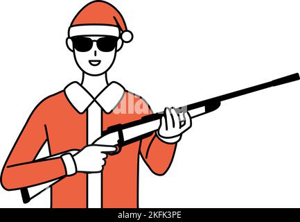 Semplice disegno di linea di un uomo vestito come Babbo Natale che indossa occhiali da sole e che tiene un fucile. Illustrazione Vettoriale