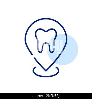 Posizione clinica dentale. Puntatore della mappa con dente su di esso. Pixel Perfect, icona del tratto modificabile Illustrazione Vettoriale