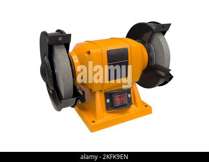 Rettificatrice elettrica isolata su fondo bianco. Smerigliatrice da banco isolata. Foto Stock