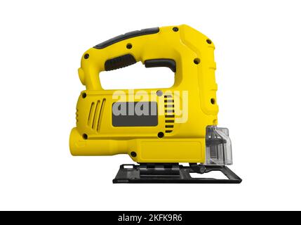 Seghetto elettrico isolato su sfondo bianco. Macchina sega a maschera elettrica isolata. Foto Stock