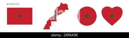 Icona bandiera Marocco impostata. Pennant marocchino in colori e proporzioni ufficiali. Rettangolare, a forma di mappa, circolare e a forma di cuore. Isolat. Illustrazione piatta Foto Stock