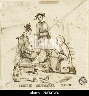 Shoemaker cinese, n.d. Cartoon che mostra una donna che ha i suoi piedi legati misurati. Il footbinding era l'usanza cinese di rompere e legare strettamente i piedi delle ragazze giovani per cambiare la loro forma e dimensione. I piedi piccoli risultanti sono stati considerati un simbolo di stato e un segno di bellezza femminile, ma la footbinding è stata una pratica dolorosa che ha limitato la mobilità delle donne e ha portato a disabilità per tutta la vita. Da o dopo John Leech. Foto Stock