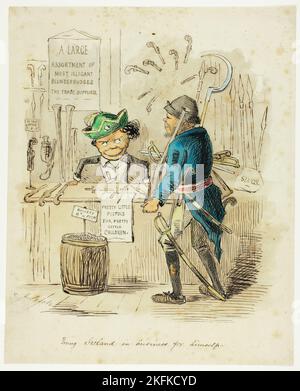 Young Ireland in Business for sè, 1850/59. Acquista armi e munizioni in vendita. Segni: 'Un vasto assortimento di più Illicant [elegante?] Blunderbus - il commercio fornito; 'Bullets 6d a Peck'; 'Pistole piccole Pretty per i bambini piccoli Pretty'. Le rappresentazioni negative nei mezzi britannici del popolo irlandese erano comuni nel 19th ° secolo e persino nel tardo 20th ° secolo. Da, o forse dopo, John Leech. Foto Stock