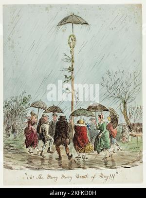 OH! Il mese di Merry, Merry di maggio!!!, 1850/59. Tradizionale inglese consuetudine: Persone che ballano intorno al maypole sotto la pioggia. Da, o forse dopo, John Leech. Foto Stock