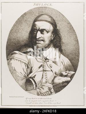 Shylock, originariamente pubblicato il 15 marzo 1776, pubblicato il 1809. 'Se ev'ry ducat in seimila Ducati, erano in sei parti, e evry parte un ducato, non li disegnerei. Avrei il mio legame”. (Mercante di Venezia, atto IV, scena 1). Foto Stock