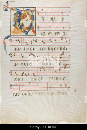 Santo inginocchiato davanti a Dio Entrono in una "V" iniziale istoriata da un Antiphonary, 1310/15. Seguace di Neri da Rimini. Foto Stock