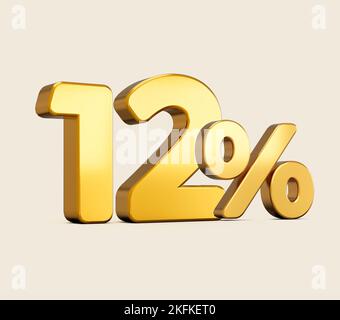 Un rendering 3D di oro numero dodici per cento isolato su sfondo beige Foto Stock