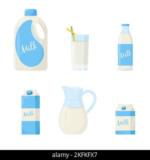 Set di latte in diverse confezioni: Vetro, cartone, bottiglia. Elementi per il design di prodotti agricoli, alimenti sani. Illustrazione del vettore piatto Illustrazione Vettoriale
