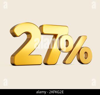 Un'illustrazione 3D di un ventisette per cento dorato isolato su uno sfondo beige con un'ombra Foto Stock