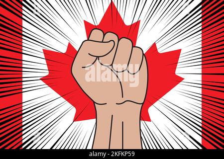 Simbolo del pugno umano clenched sulla bandiera del Canada sfondo. Logo Power and Strength Illustrazione Vettoriale