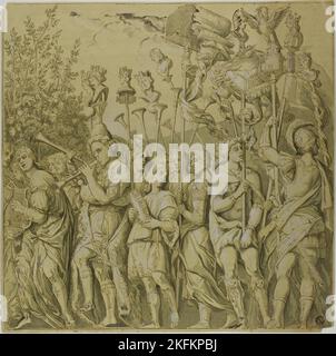 Trionfi di Giulio Cesare: Tela n. VII, 18th ° secolo. Musicisti. Sfilata militare trionfale che celebra la vittoria di Giulio Cesare nelle Guerre galliche. Foto Stock
