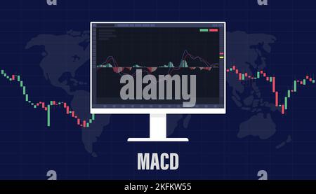 macd Moving Average Convergence Divergence Indicator for stock market trading with big screen and Candle Stick with Modern flat style vector Illustrat Foto Stock