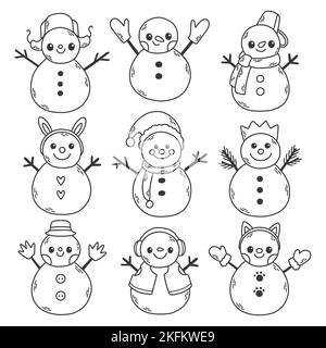 Vettore doodle insieme di nevaio vacanze. Divertenti pupazzi di neve in diversi costumi isolati. Natale nuovo anno set per il design. Illustrazione Vettoriale