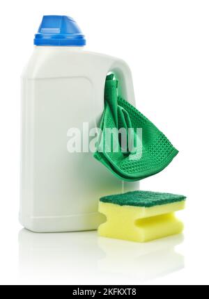Grande bottiglia bianca con tovagliolo e spugna Foto Stock