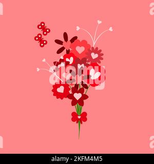 Bouquet di fiori con farfalle legate con arco a forma di cuore. Icona Love flat Illustrazione Vettoriale