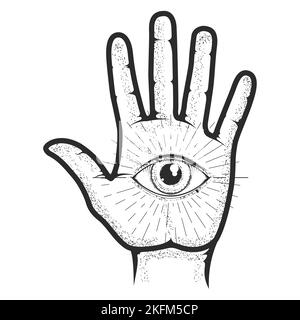 Mano palma di psichico con tutti gli occhi di vista, mistico e occulto palmistry, esoterico e fortuna raccontare a mano, vettore Illustrazione Vettoriale