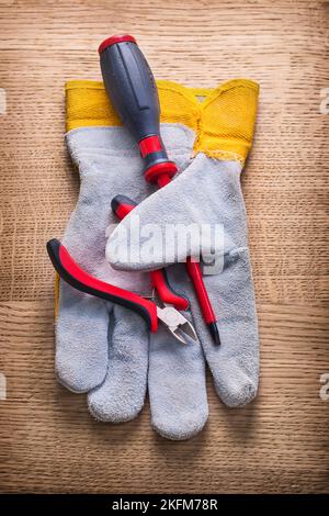 piccolo cacciavite a pinza e guanto di protezione per la costruzione di pannelli in legno Foto Stock