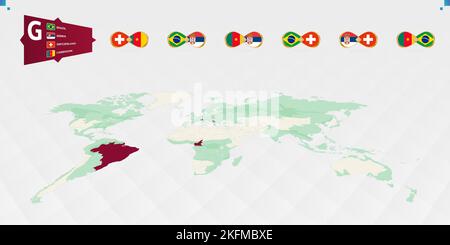 Partecipanti al Gruppo G del torneo di calcio, evidenziato in borgogna sulla mappa del mondo. Tutti i giochi di gruppo. Illustrazione vettoriale. Illustrazione Vettoriale